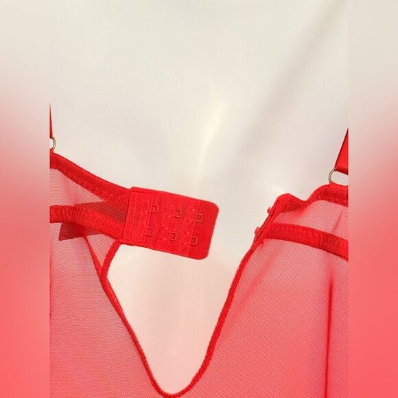 NWT Rachel Roy Red Lace Trim Floral Mesh Letter R 3 Crystal Charm Bow Bodysuit L - Picture 9 of 12